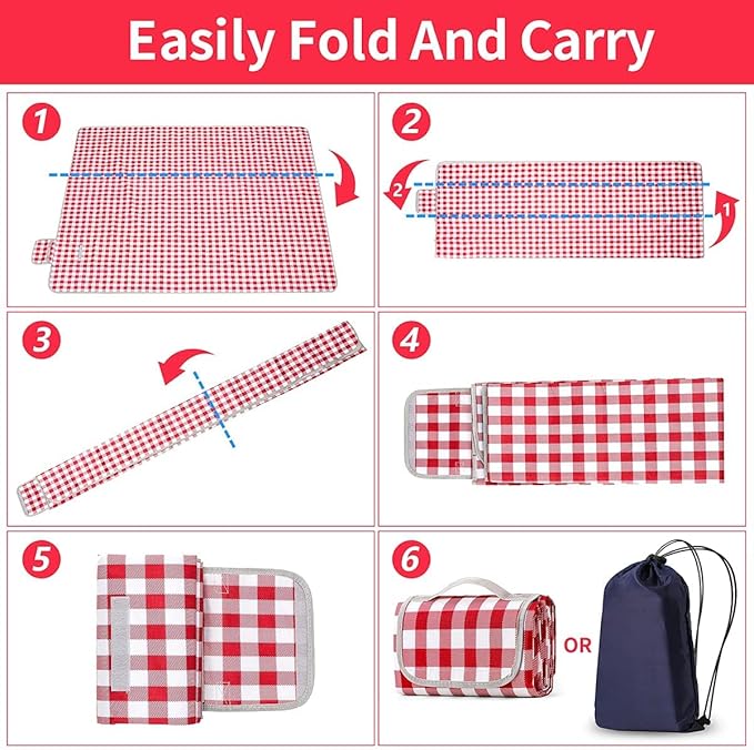 TONDAZHIYO Picnic Blankets Waterproof Foldable ，80”x60” Beach Blanket，Camping Sand mat, Large sandproof Lightweight Outdoor Blankets, Park (red & White)