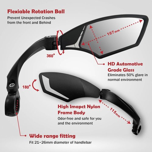Hafny Handlebar Bike Mirror – HD Glass, Wide Angle, Adjustable 360° Rear View – Shatterproof, Anti-Glare, Premium, MTB, E-Bike, and Commuter Cycling Safety, HF-MR095