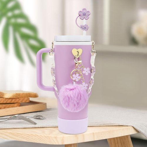 Purple 7PCS Stanley Cup Accessories Set for 30oz 40oz Tumbler - Includes Water Bottle Handle Strap, Cup Boot, Straw Cover, Handle Charm