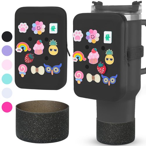 Silicone Water Bottle Pouch for Stanley Cup,Compatible with Stanley Cup Water Bottle Tumbler Pouch Purse Wallet Accessories 10PCS Charms & Boot (Black)