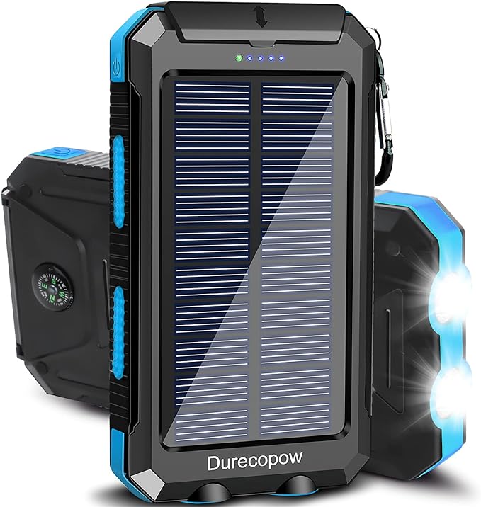 Solar Charger Power Bank, 20000mAh Portable Outdoor Waterproof Solar Battery Charger, Camping External Backup Battery Pack USB C Ports Input/Output, 2 Led Light Flashlight with Compass (Blue)