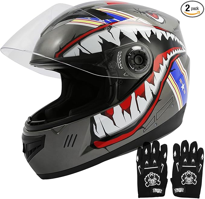 TCT-MOTORPARTS DOT Youth Kids Motocross Helmet ATV Full Face Helmets for Offroad Street Dirt Bike Go-Kart BMX MX Gray Shark Mouth Medium