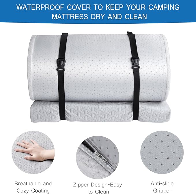Memory Foam Camping Mattress Pad 3 Inch Thick, Portable Sleeping Pad with Waterproof Cover, Portable Roll Up Cot Mattress Pad Floor Mat for Travel Truck Bed Tent, 72"×24"×3", Gray