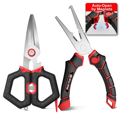 SNAIL TRAIL 7" Fishing Pliers & 6" Scissors Kit, Saltwater Hook Remover Tool Set, Serrated Blades Braided Line Cutter, Needle Nose Split Ring Fish Gear, Crimping Nipper for Fly, Fishing Gifts for Men