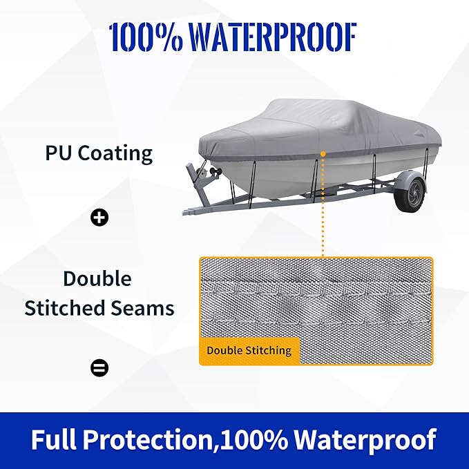 NEXCOVER Trailerable Boat Cover, Length: 17’-19’ Beam Width: up to 96”, Waterproof Heavy Duty Cover, Fits V-Hull, TRI-Hull, Runabout, Pro-Style, Bass Boat, Storage Bag & Tightening Straps Included.