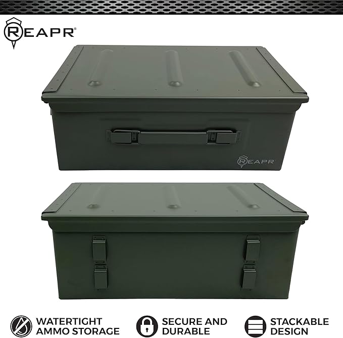 Reapr Steel Ammo Can, Heavy Duty Locking Metal Ammo Storage Box, Airtight and Watertight 30 Cal or 50 Cal Case for Rifle, Shotgun, Pistol, Military Footlocker Style Tool and Gear Organizer