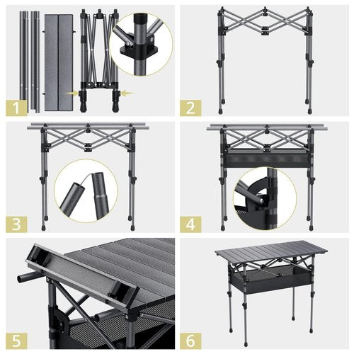 Anbte Folding Camping Table, Aluminum Roll Up Camping Table Adjustable Height with Storage Net and Bag, Lightweight Outdoor Table 32.2” X 16”, for Outdoor Travel BBQ Party Picnic, Black