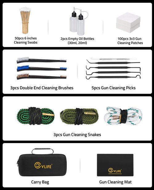 CVLIFE Gun Cleaning Kit for 9mm .223/5.56mm 12GA .38 & .357 Cal, Gun Cleaning Supplies with Bore Cleaner, Gun Cleaning Mat, Patches, Swabs, Gun Brushes, Cleaning Pick, Oil Bottle
