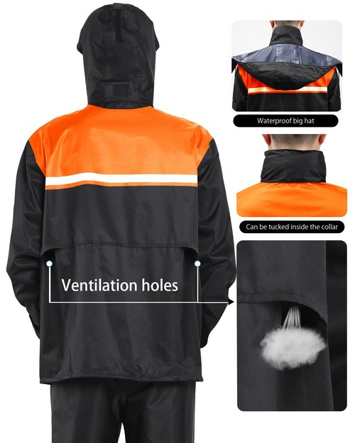 iCreek Rain Suit Waterproof Jacket and Trouser Suit Raincoat for Men and Women Outdoor All-Sport Breathable Anti-storm (Black/Orange, XL)