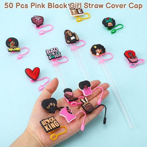 Ovveroche 50 Pcs Pink Black Girl Straw Cover Caps Compatible with Stanley Cup, Silicone Cute Reusable Straw Toppers compatible with Stanley Cup Accessories 10mm