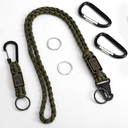 ELCJDZYO 2 Pcs Paracord Lanyard Keychain, 1* Long and 1*Short Heavy Duty Braided Keychain Lanyard for Outdoor Activities, Camera, Keys, Wallets, Phones, Whistle, Traveling -Army Green