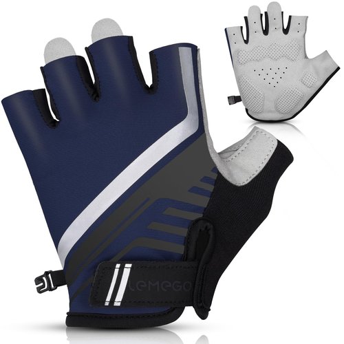 LEMEGO Anti-Slip Shock-Absorbing Bike Gloves for Men and Women - Breathable Half Finger Cycling Gloves With Reflective Strips (Blue, M)