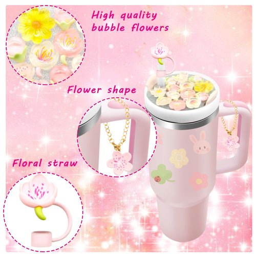 LBU Stanley Cup Lid Accessories for 40oz Tumbler with Handle, Including 1Pc Bling Stanley Lid Topper + 1Pcs Silicone Straw Cover Cap + 1Pcs Handle Charms for Stanley Cup Accessories (Flower)