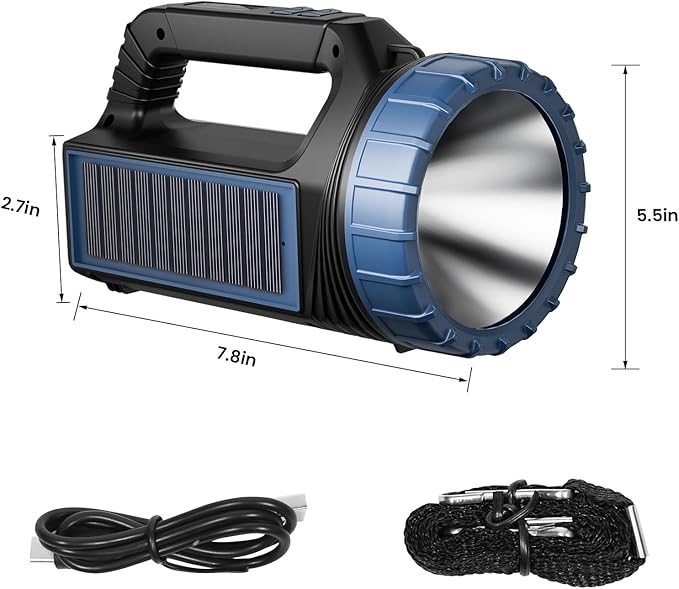 Solar Flashlights, Solar Flashlight for Multi Function 8000 Lumens Led Flashlight with Emergency Strobe Light Emergencies, Led High Lumens, USB C and Large Capacity Battery （2pcs）