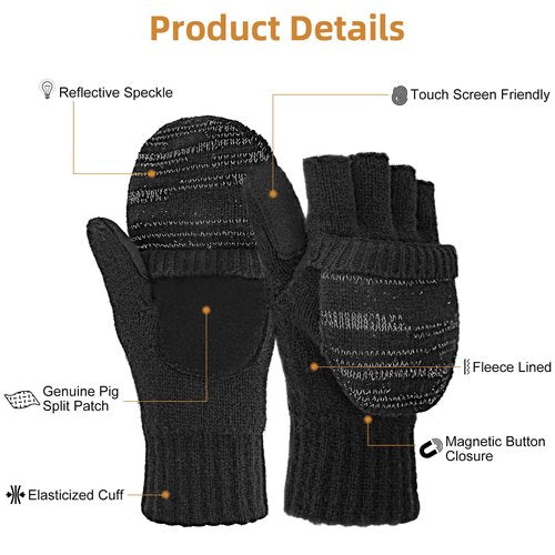 BERGWEISER Flip Winter Gloves, Wool Fingerless Gloves for Women Men Cold Weather, Mittens with Reflective for Christmas Gifts