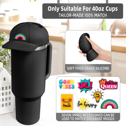 Tizuxa Baseball Cap Dustproof Lid Cover for Stanley Cup, with 7pcs Cap Charms Decorative Dust Covers for 40 Oz Tumbler Silicone Cup Accessories Decoration Case - Black