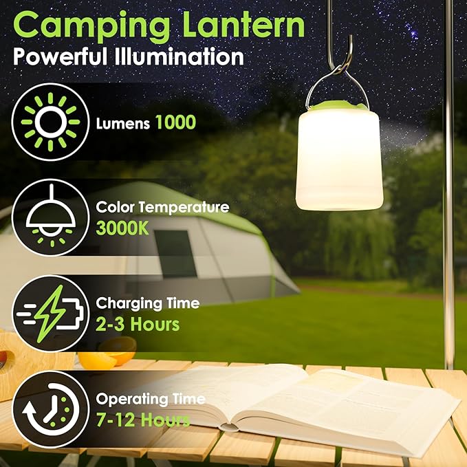 LED Camping Lantern, Rechargeable Camping Light, 4 Modes Outdoor Flashlights Lanterns with 1000LM, Water Resistant Portable Emergency Camp Light for Hurricane Hiking Survival Kits - Green