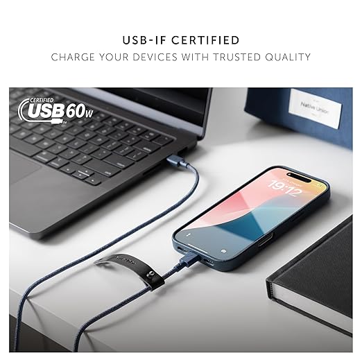 Native Union Type-C Belt Cable - USB-C to USB-C 4ft Ultra-Strong Charging Cable Compatible with iPhone 16, 16 Plus, 16 Pro, 16 Pro Max, iPad Pro, iPad Air, Galaxy S25, Flip 6, Fold 6 (Navy)
