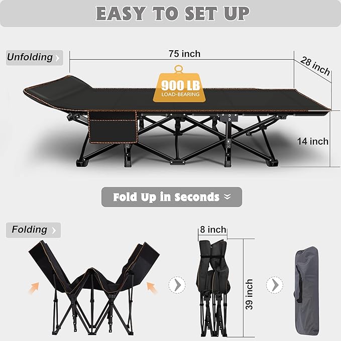 ABORON Folding Camping Cot W/Mat for Adults, Heavy Duty Outdoor Bed with Carry Bag,1200 D Layer Oxford Travel Camp Cots