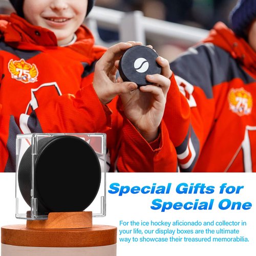 ULTRGEE Hockey Puck Display Case - Acrylic Box, Hockey Puck Holder with Wooden Base, Hockey Pucks Storage Stand for Collection Memorabilia (1 Pack, Square)
