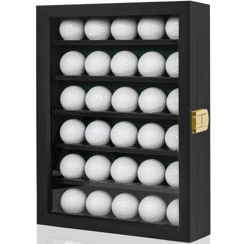 WELIDAY Golf Ball Display Case, Solid Wood Golf Ball Holder, Wall Mounted Golf Ball Rack with Acrylic Door for Golf Enthusiasts (Black, for 30 Golf Balls)