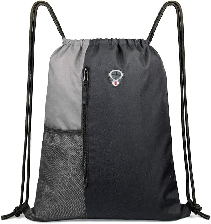 Drawstring Backpack Sports Gym Bag for Women Men Large Size With Two Zipper Pockets and Water Bottle Mesh Pockets