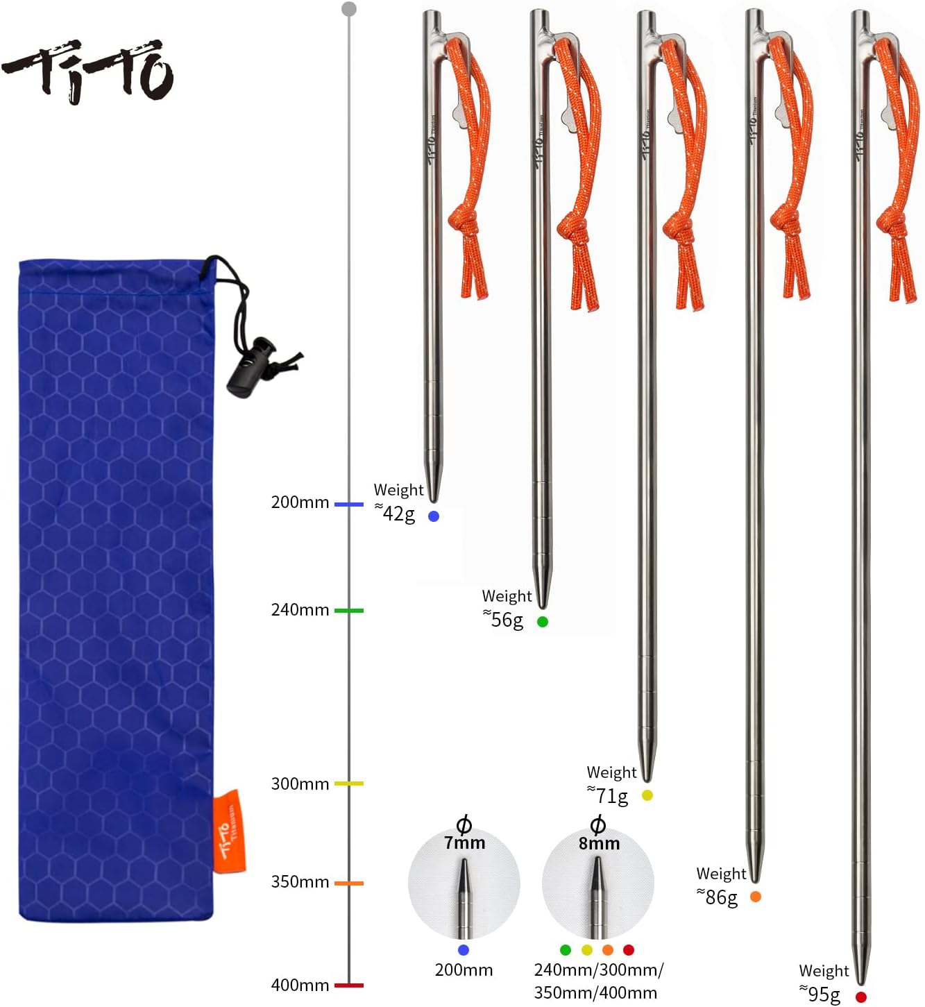 TiTo Titanium Tent Pegs Stakes Lightweight Snowfield Grassland Heavy Duty Tent Nails for Outdoor Camping Hiking and Plant Support Garden Stakes 4pcs/6pcs (7×200mm-6pcs)