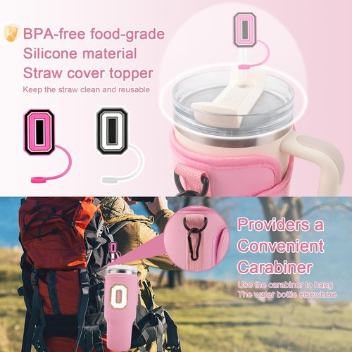 Initial A-Z Water Bottle Carrier Bag with Strap for Stanley 40oz Tumbler with 2 Letter Stanley Straw Topper Covers & 2 Letter Charms,Personalized Water Bottle Holder for Stanley Cup Accessories,Pink-O
