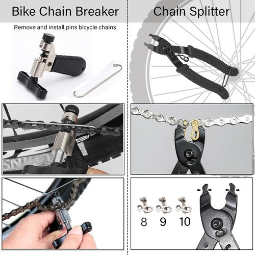 Bike Repair Tool Kit,Bicycle Tire Chain Repair Tool with Chain Breaker,Link Plier,Crank Puller Extractor,Bottom Bracket Remover,Spoke Wrench,Patches,Levers,Versatile Multitool,Clean Brush