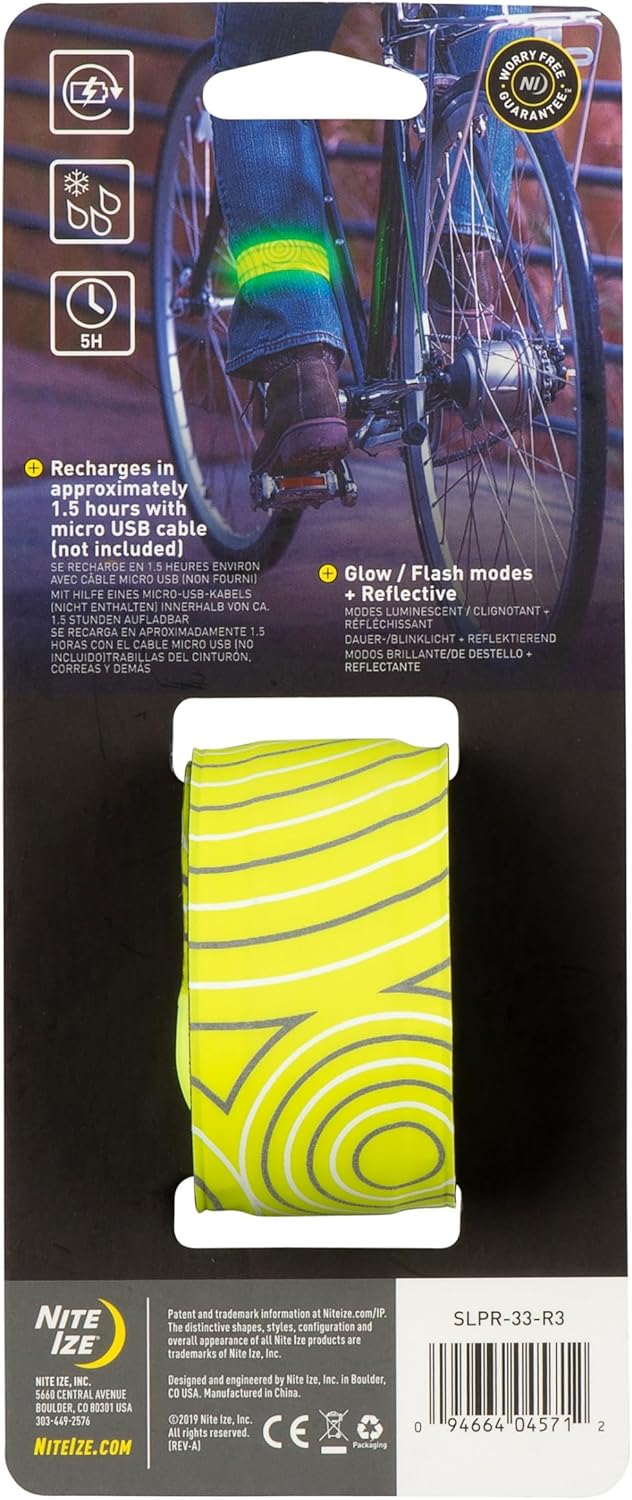 Nite Ize SlapLit Rechargeable LED Slap Wrap - Light-Up Slap Band for Wrists or Ankles - Wristband for Nighttime Visibility - Running, Biking, Hiking & More - Neon Yellow with Green LED