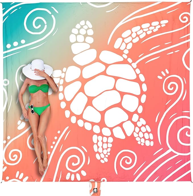 WEKAPO Beach Blanket Waterproof Sandproof Oversized Extra Large Sand Free Beach Mat with Stakes, Storage Bag - Essentials for Outdoor Beach, Picnic (Sea Turtle, 8 X 7 FT (1~4 Person))