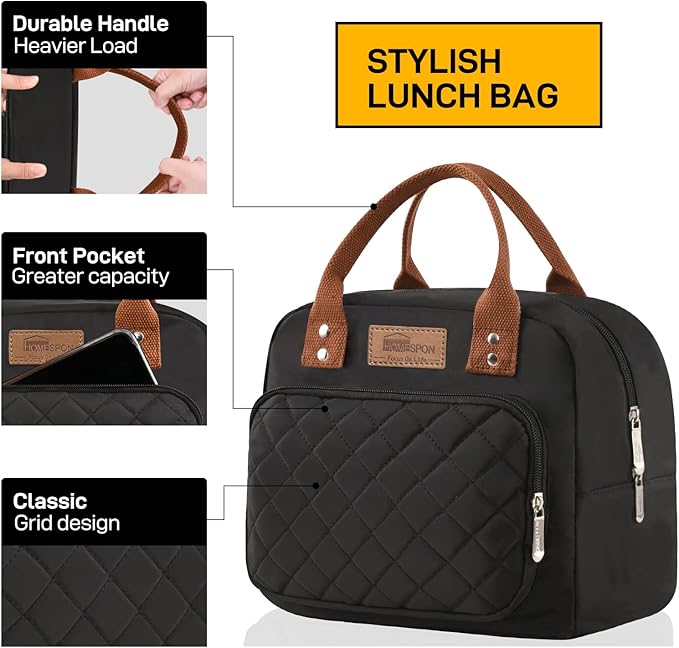 Buringer HOMESPON Lunch Bag for Woman Man Adults with Front Pocket Insulated Lunch Tote Lunch Box Container for Work Picnic or Travel（Black）