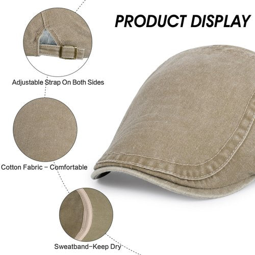 Qlauca 3Pcs Men's Newsboy Caps Washing Cotton Cooling Lightweight Scally Cap for Men Adjustable Flat Cap