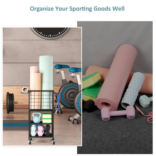 ETELI Weight Dumbbells Rack for Home Gym Yoga Mat Storage Rack Cart Small Metal Wood Home Gym Workout Equipment Storage with Hooks for Block Foam Rollers Resistance Bands, Black