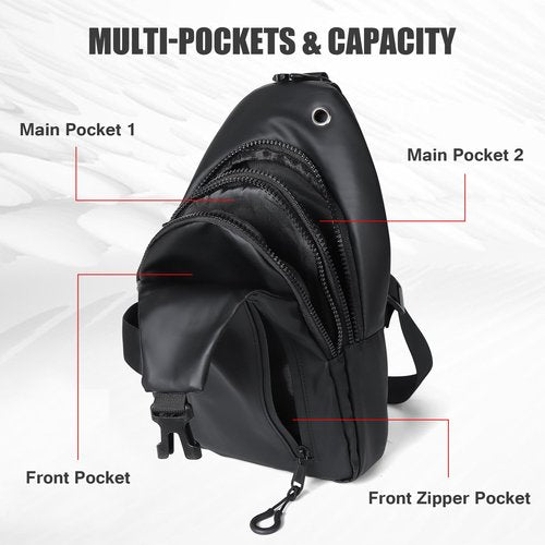 VALUEQLO Sling Bag for Men, Waterproof Chest Pack with USB Charging Port and Headphone Hole, Adjustable Left/Right Shoulder Crossbody Bag for Travel, Sport, Hiking, Running,Black
