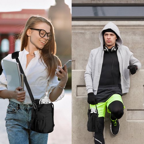 JRQCSJY Water Bottle Holder with Strap, 32/40oz Insulation Water Bottle Carrier Bag with Phone Pocket, Water Bottle Sling Bag Crossbody Water Bottle Holder for Hiking Walking(Black)