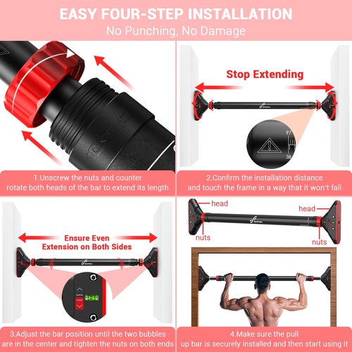 Pull Up Bar for Doorway: Sportneer Strength Training Pull-up Bars without Screw - Adjustable Width Locking Mechanism Chin Up Bar, Thickened Steel Max Limit 440 lbs Upper Body Fitness Pullup Bars for Home (Black-Red)