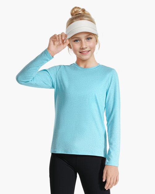 Auranso Girls Long Sleeve Shirts 3 Pack Dry Fit Athletic Tops Active Shirts for Girls Rose Pink-Light Grey-Light Blue 7-8 Years