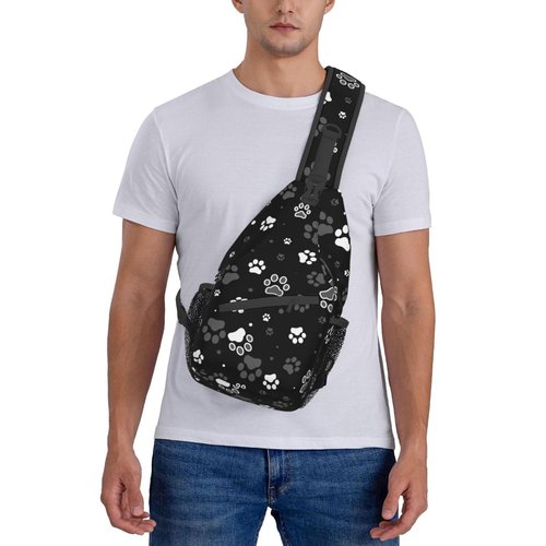 NISENASU Paw Print Sling Bag Crossbody Backpack,Dog Paw Print and Star on Black Background Chest Bag Adjustable Casual Shoulder Backpack Cute Animal Footprint Travel Hiking Daypack
