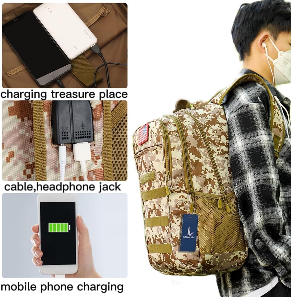outdoor plus Camo Backpack,Military Boys Backpacks for School,40L Army Bookbag with USB Charging Port Waterproof