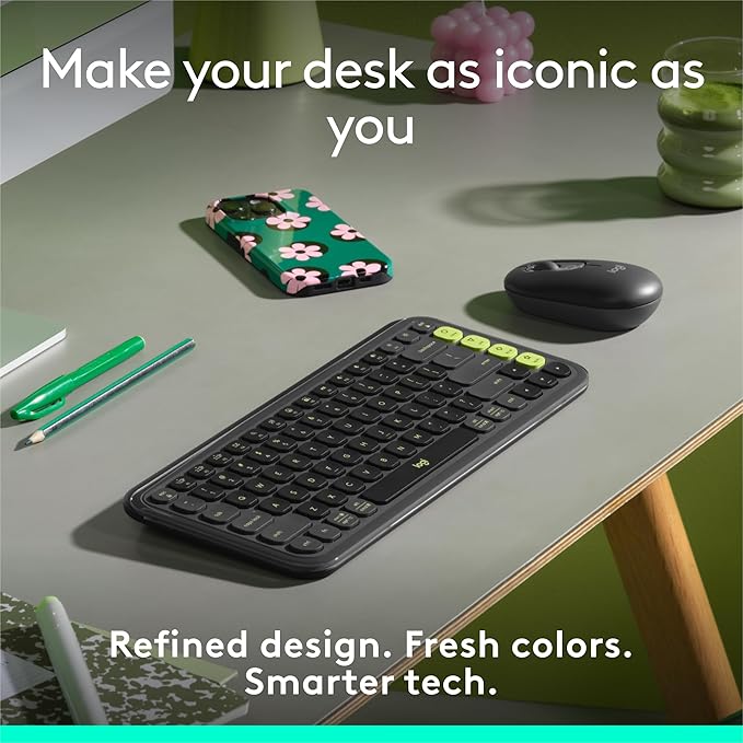 Logitech POP ICON Keys Wireless Bluetooth Keyboard, Comfortable Typing, Programmable Keys, Easy-Switch Between up to 3 Devices, for Laptop, Tablet, PC – Graphite and Green