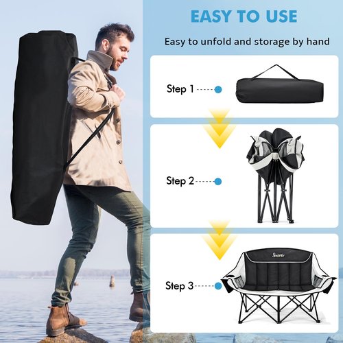 Seaonar Double Camping Chair for Adults Outdoor Folding Chair with 2 Cooler Bags Support 500lbs Heavy Duty Camp Chair for Outdoor Sports Beach - Black&Grey
