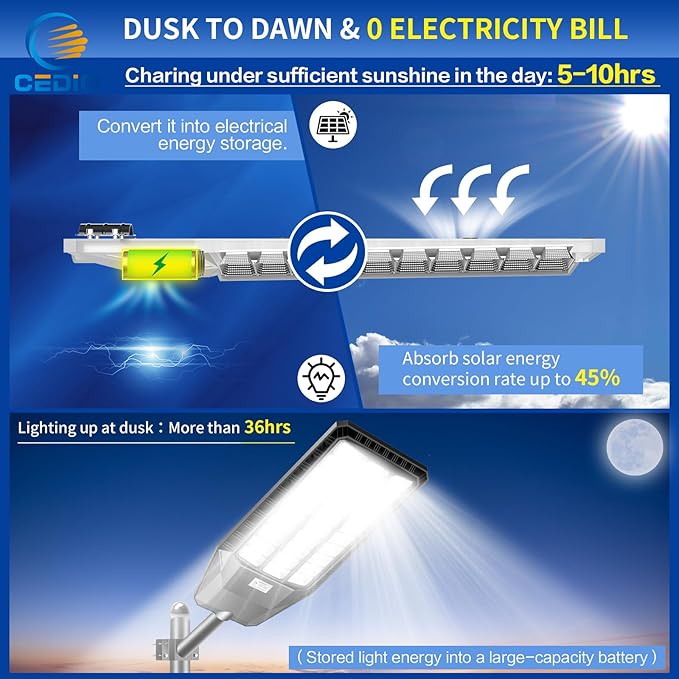 CEDIO Solar Street Lights Outdoor, 9800W Solar Lights Outdoor, 450000 Lumens LED Street Light Waterproof IP67 Dusk to Dawn,LED Flood Light with Motion Sensor (9800w-2PC)