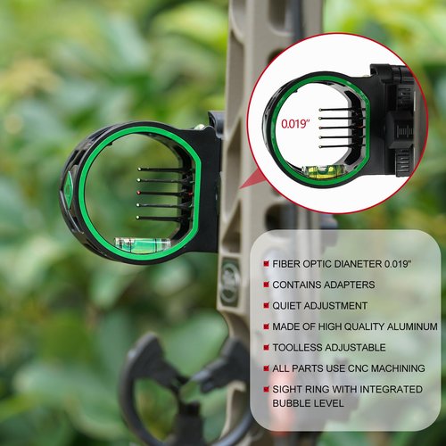 Archery 5-Pin Bow Sight - 0.019" Fiber, Brass Pin, Aluminum Machined - Right and Left Handed, with Hi-Vis Level for Archery, Hunting, Shooting (5 Pin Sight-M1)