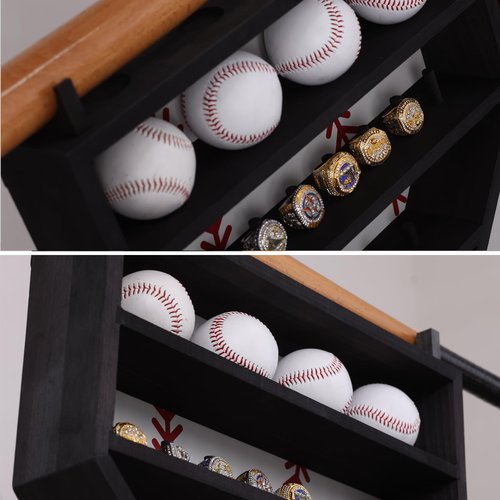 Baseball Display Case - Black Wood Baseball Shadow Box Display Case for 9 Balls, 13 Rings, and Bat – Wall Mount Baseball Holder Display Shelf for Game Balls, Trophies, and Memorabilia