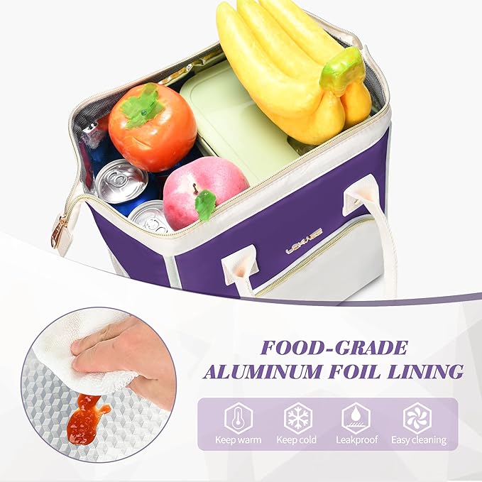 LOKASS Lunch Bag Women Insulated Lunch Box, Wide-Open Lunch Tote Bag Leak-proof Cooler Bag for Work Picnic-（Purple）