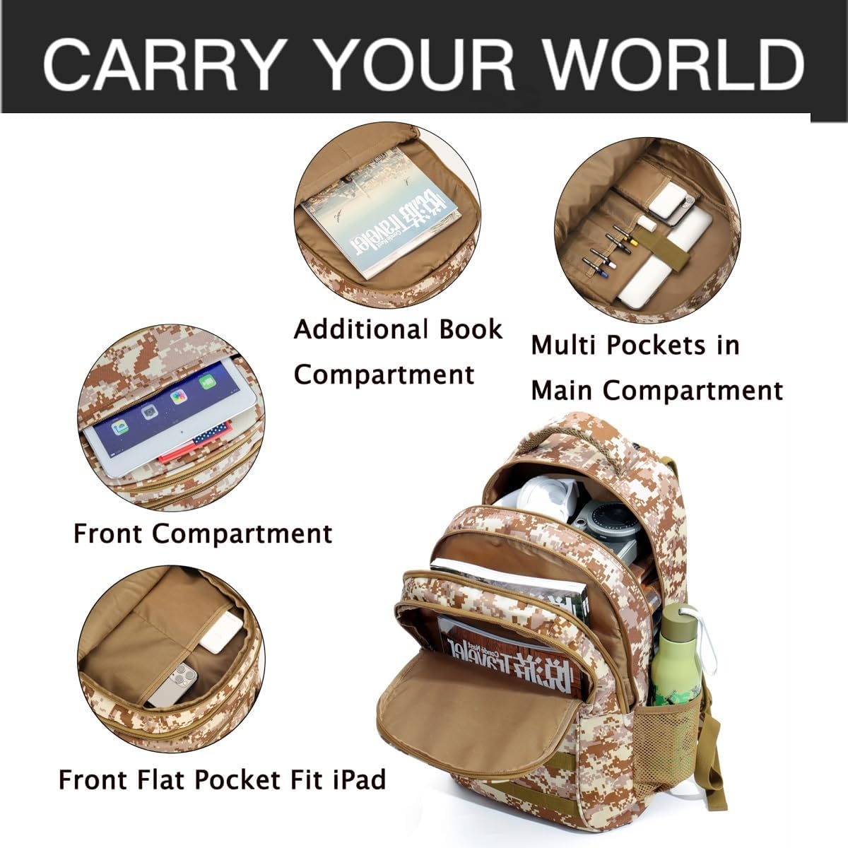 outdoor plus Camo Backpack,Military Boys Backpacks for School,40L Army Bookbag with USB Charging Port Waterproof
