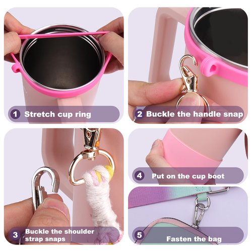 Mity rain Water Bottle Shoulder Strap Set for Stanley Cup, Cup Accessories for Stanley 20oz 30oz 40oz, Including Cup Holder Shoulder Strap with Purse, Carrying Handle Strap, Boot, Cup Ring (Pink)