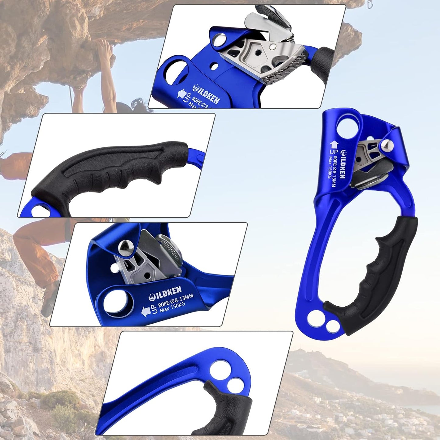 WILDKEN Climbing Hand Ascender Outdoor Mountaineering Tree Arborist Climbing Rappelling Equip Hand Ascender for 8-14MM Rope Left Right Hand Ascender