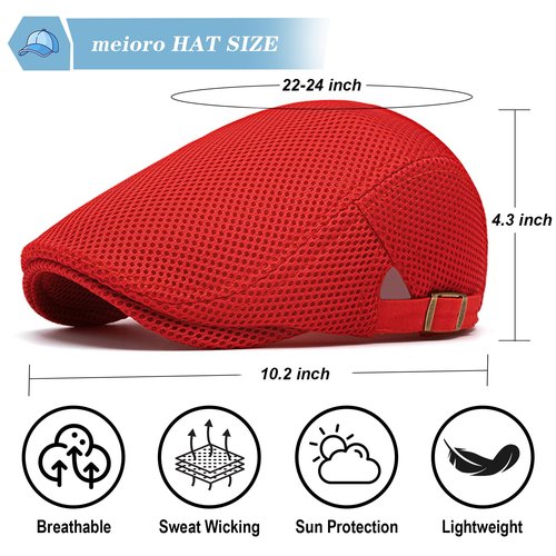 meioro Mens Breathable Mesh Summer Hat Adjustable Flat Cap Newsboy Beret Ivy Cap Irish Cabbie Fishing Hats（Orange+Red）